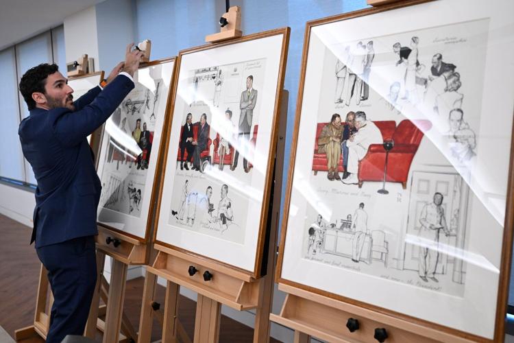 Norman Rockwell people-watched in the West Wing lobby. Now those sketches are on public display