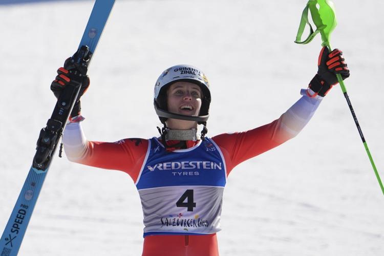 Swiss skier Camille Rast wins the women's slalom at the Alpine skiing world championships