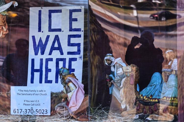 Church nativity scenes add zip ties, gas masks and ICE to protest immigration raids
