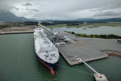 Liquefied natural gas being loaded on Asia-bound tanker docked in Kitimat, B.C.