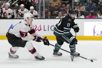 Bordeleau scores twice as Sharks sink Senators 2-1