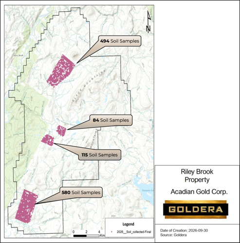 Goldera Identifies Large Gold-Tungsten-Antimony Anomaly at Riley Brook, with Multiple Targets Remaining Open