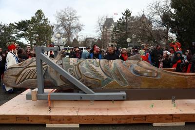 Totem at Royal B.C. Museum on way home to Central Coast after repatriation ceremony