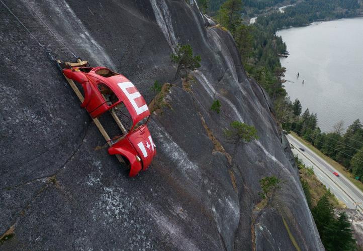 Volkswagen Beetle shell dismantled, removed from B.C. rock face by helicopter