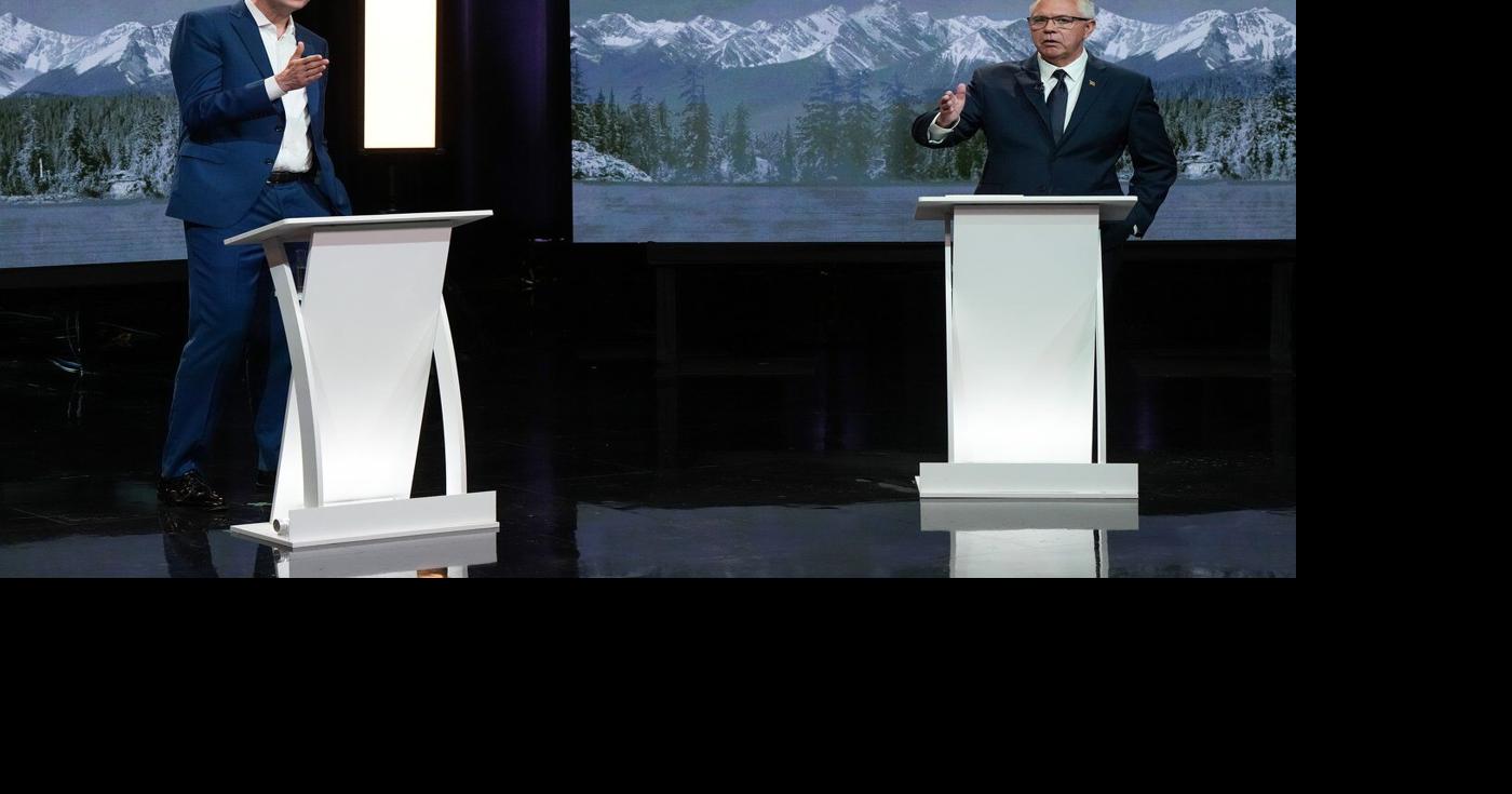 B.C. NDP Leader David Eby and Conservative interim Leader Lorne Doerkson at the televised leaders' debate in Vancouver