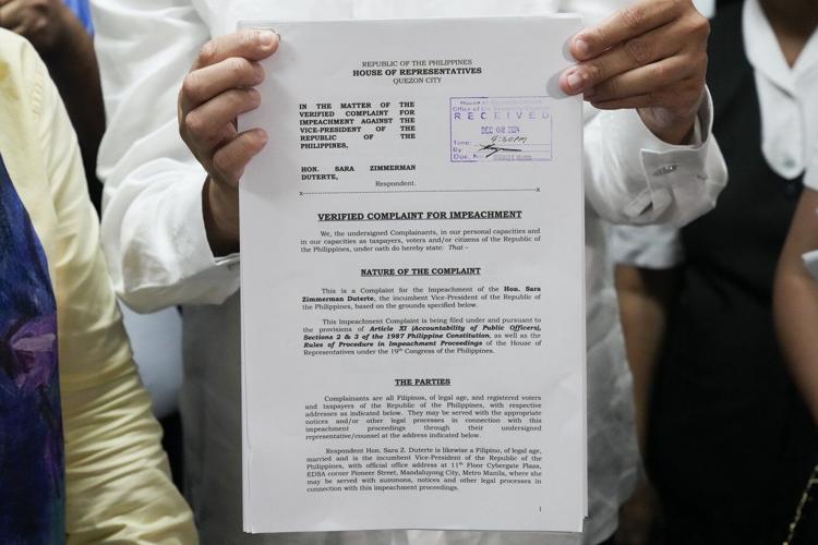 Impeachment complaint filed against Philippine Vice President Duterte after she threatened president