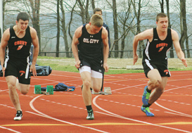 Corry’s Liam Cragg (left) and Brendan Walsh take off in the 100-meter dash.