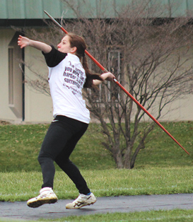 Abby Gluvna shows her winning form in the javelin in Tuesday’s meet.
