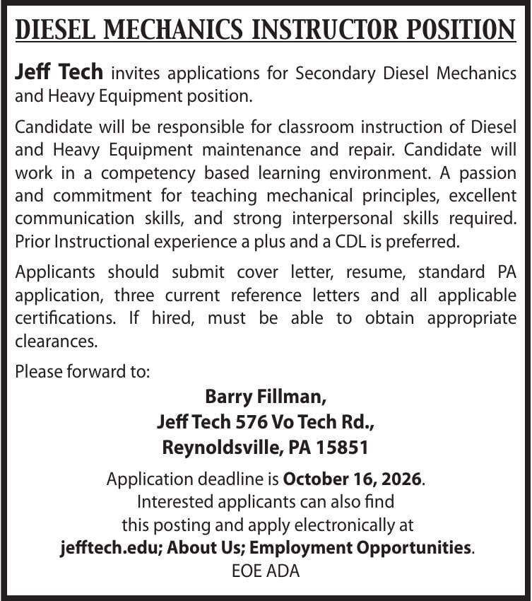 DIESEL MECHANICS INSTRUCTOR | Jobs | thecourierexpress.com