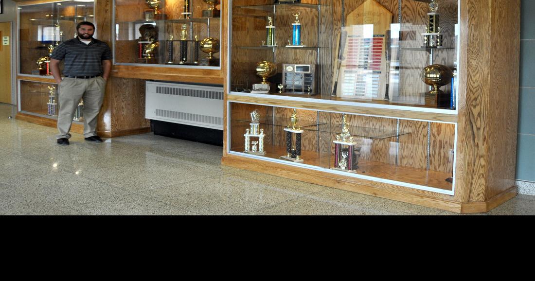 Trophy case in the hallway by the school gymnasium in Paint Creek