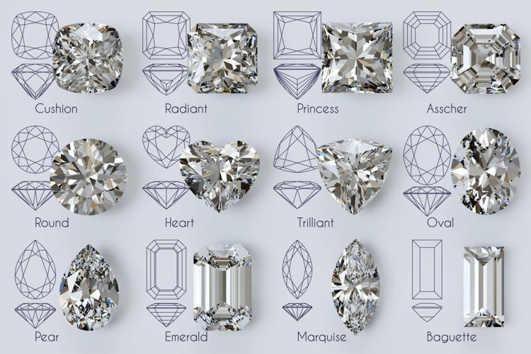 Twelve popular diamond shapes with titles, diagrams on white background