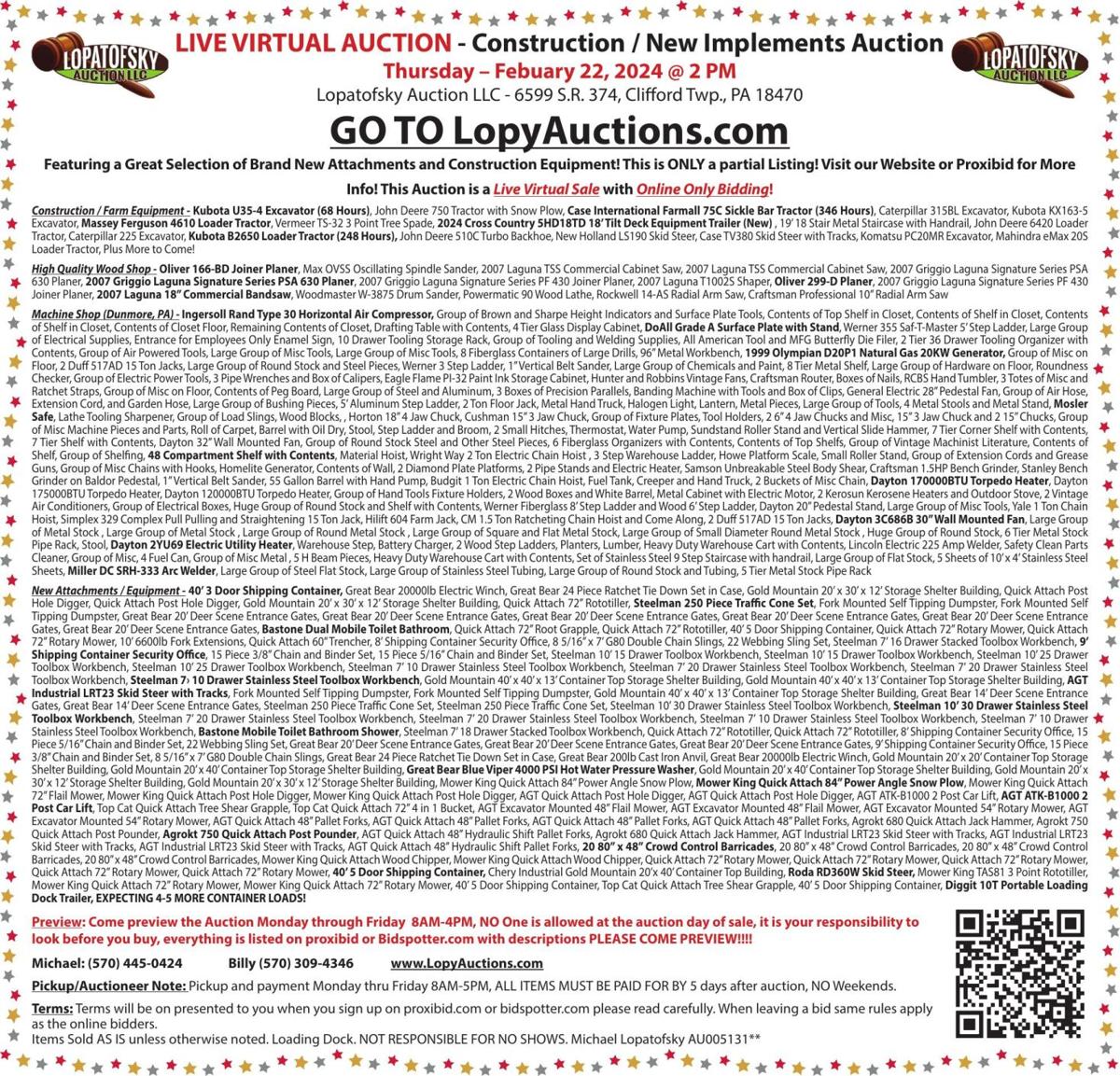 LIVE VIRTUAL AUCTION Construction / Farmers Friend