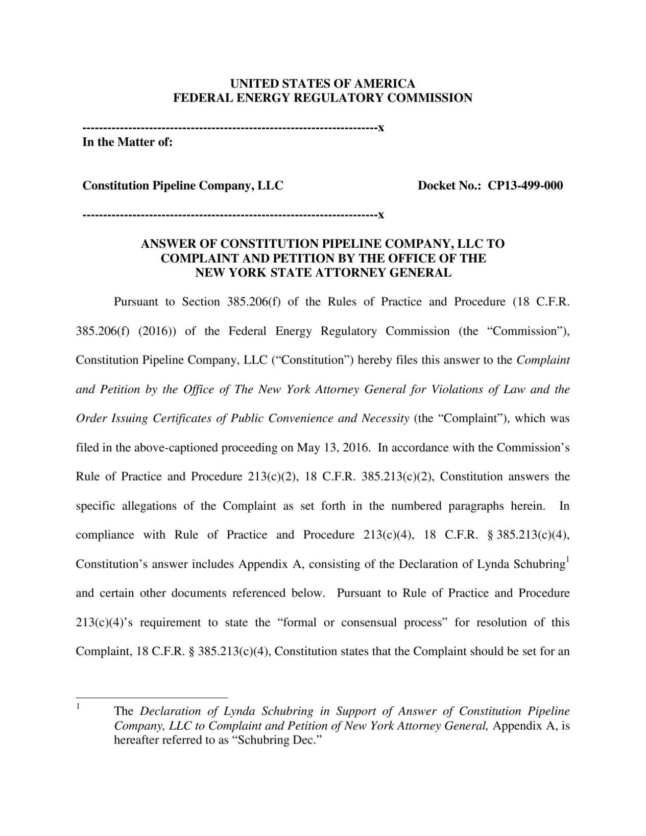 answer of constitution pipeline company llc to complaint petition office