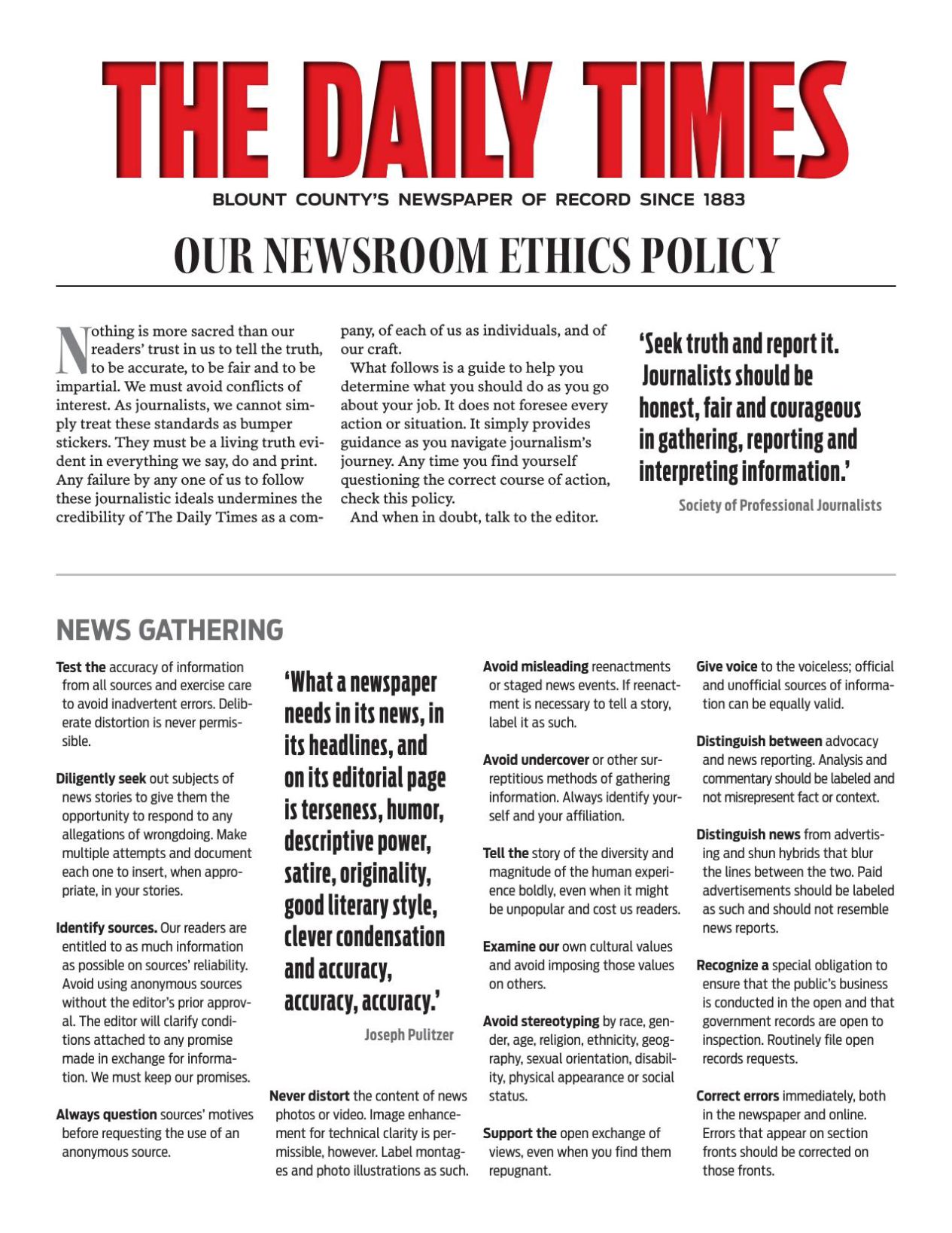 The Daily Times Journalistic Ethics Code