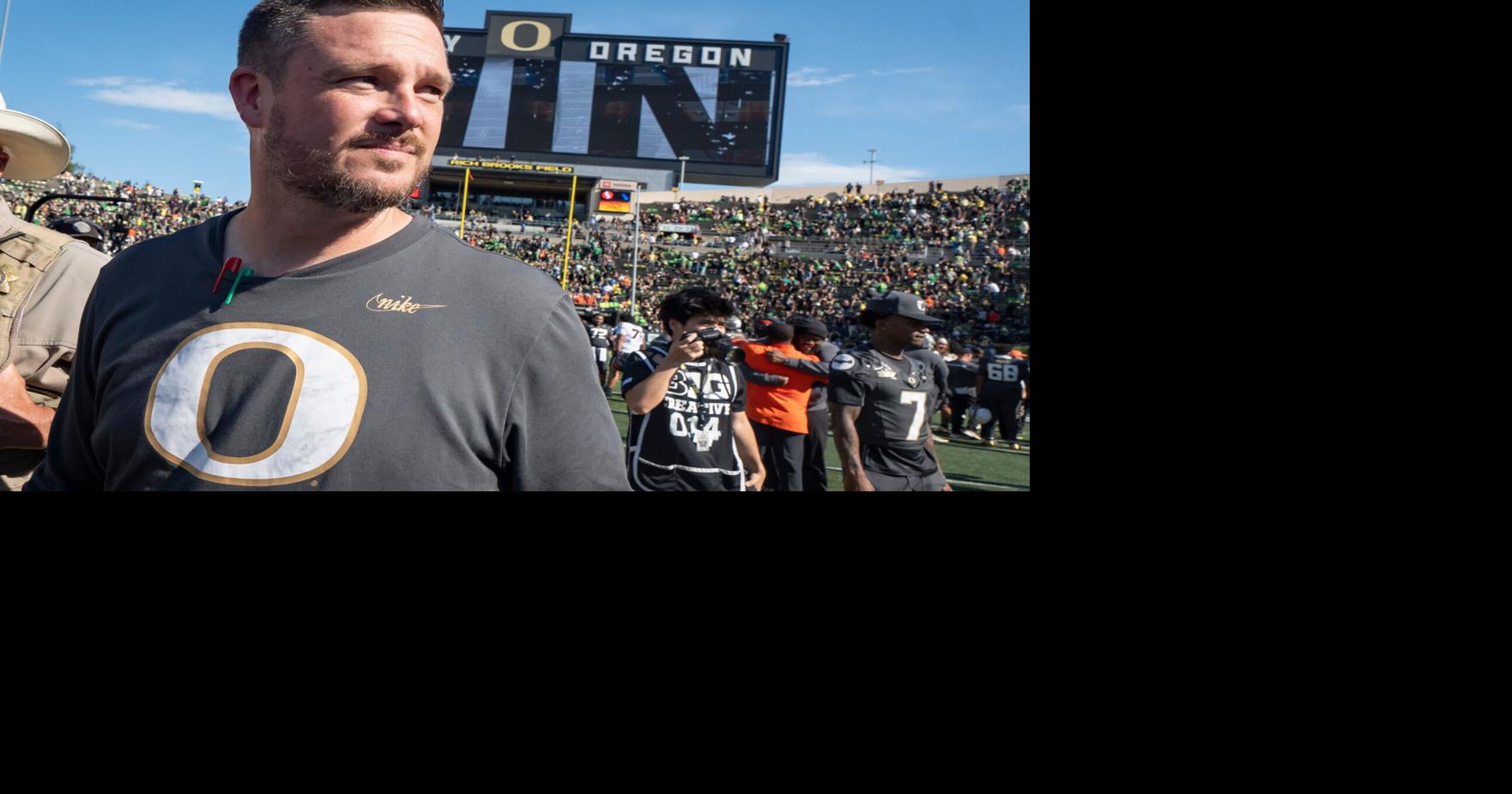 Oregon Ducks head coach Dan Lanning walks off the field as the Oregon Ducks host the Oregon State Beavers Sept. 20, 2025, at Autzen Stadium in Eugene, Oregon.