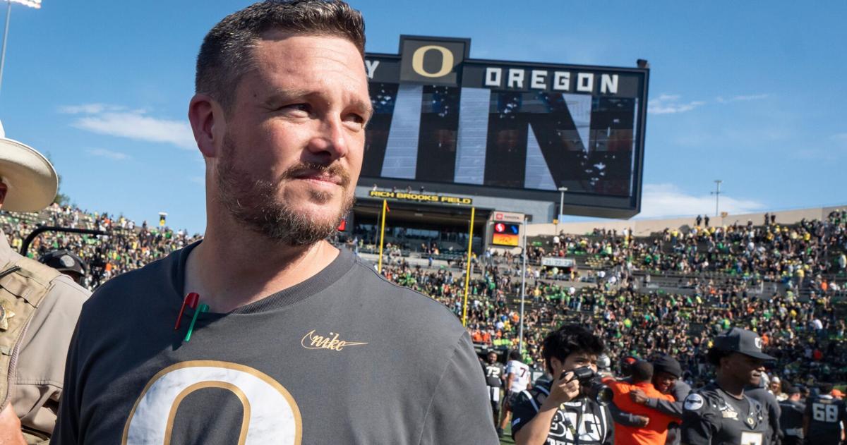 Oregon Ducks head coach Dan Lanning walks off the field as the Oregon Ducks host the Oregon State Beavers Sept. 20, 2025, at Autzen Stadium in Eugene, Oregon.