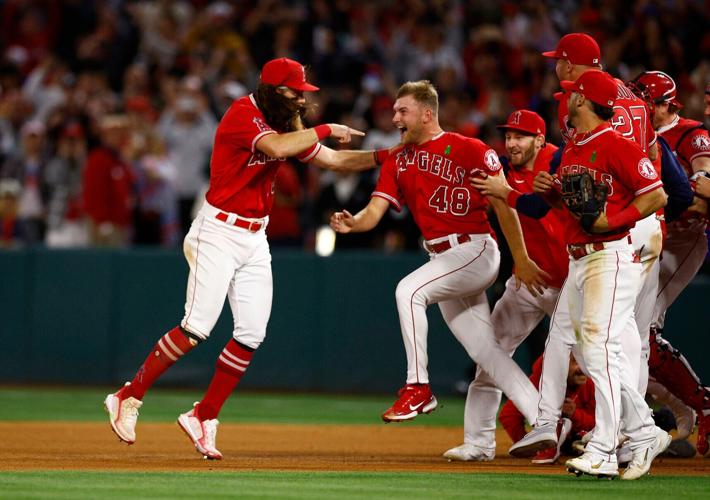 The Los Angeles Angels' Reid Detmers celebrates a no-hitter against the Tampa Bay Rays at Angel Stadium of Anaheim on Tuesday, May 10, 2022, in Anaheim, California.