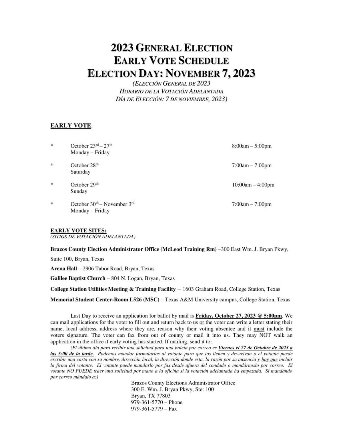 Brazos County Commissioners Court early voting locations