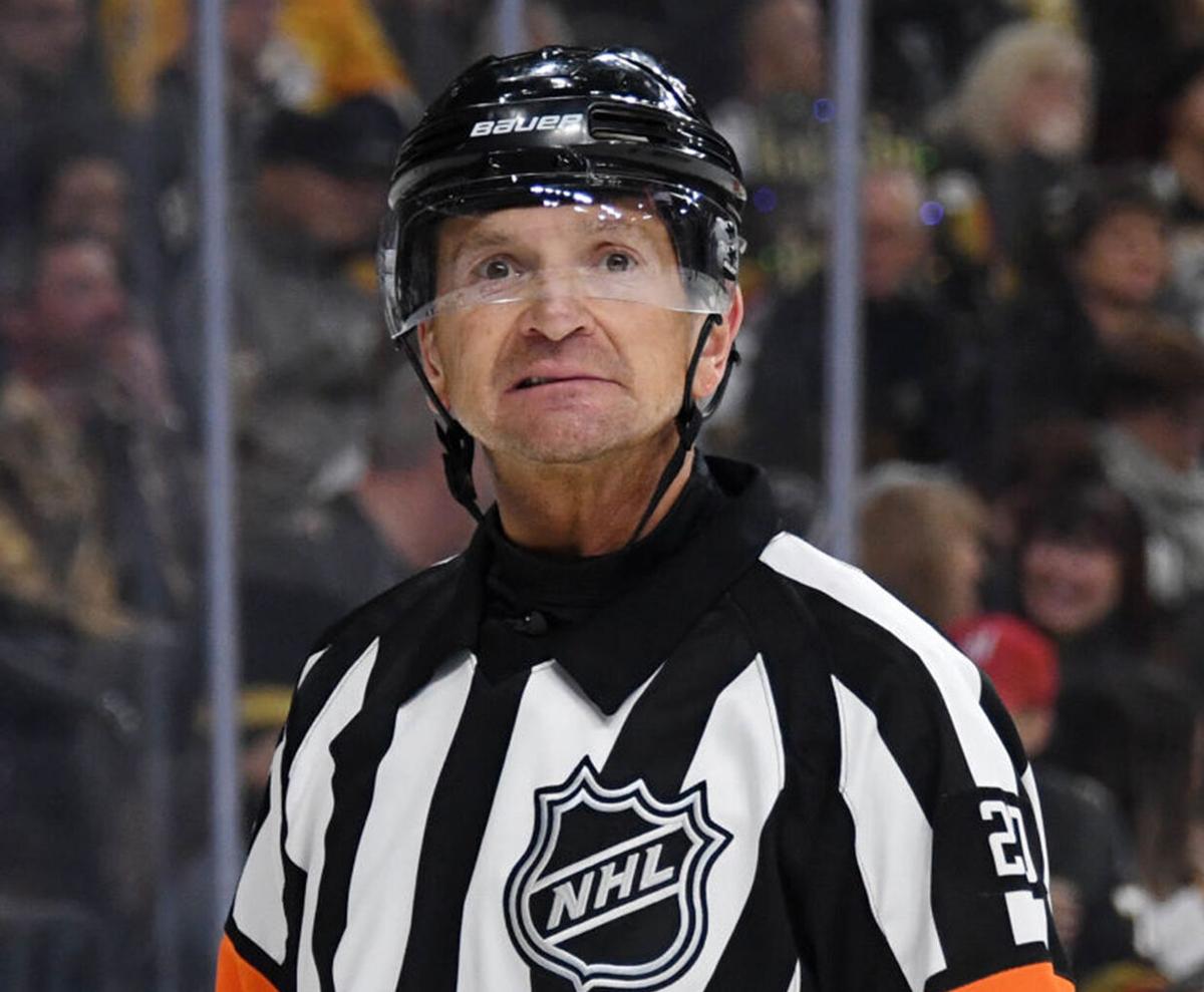 Referee Tim Peel skates during a break in the second period of a game between the Nashville Predators and the Vegas Golden Knights at T-Mobile Arena on February 16, 2019 in Las Vegas, Nevada.