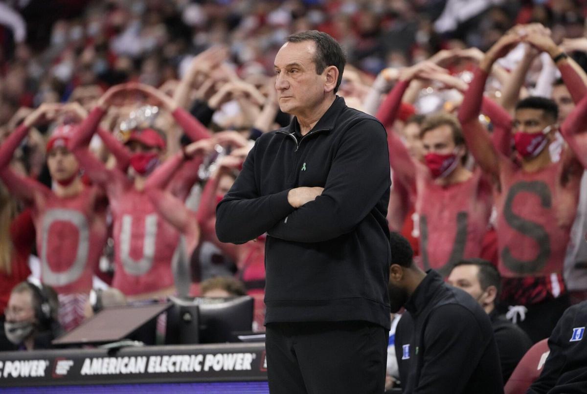 Duke head coach Mike Krzyzewski watches his team during the first half against Ohio State at Value City Arena in Columbus, Ohio, on Tuesday, Nov. 30, 2021.