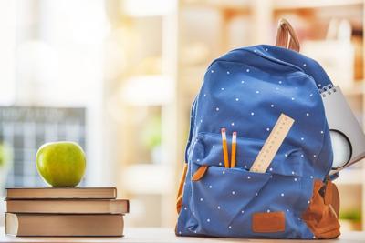 Apple, pile of books and backpack