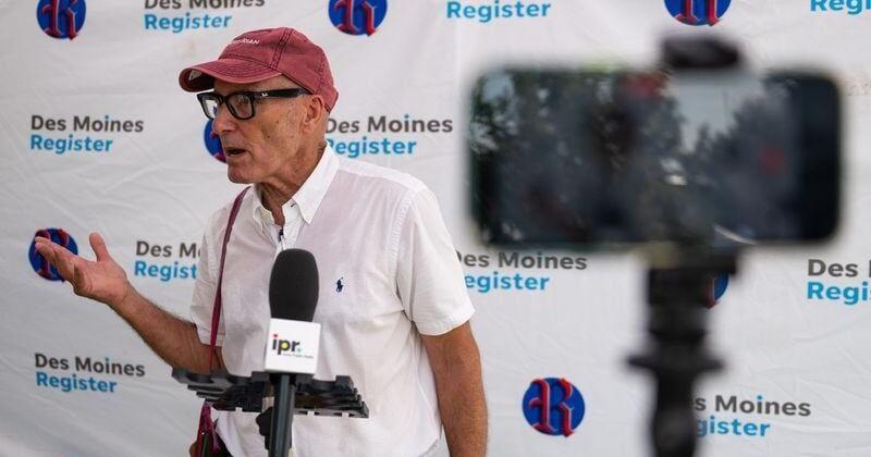 Libertarian candidate for U.S. House Rick Stewart takes questions from the press at the Iowa State Fair on Aug. 15, 2026, in Des Moines.