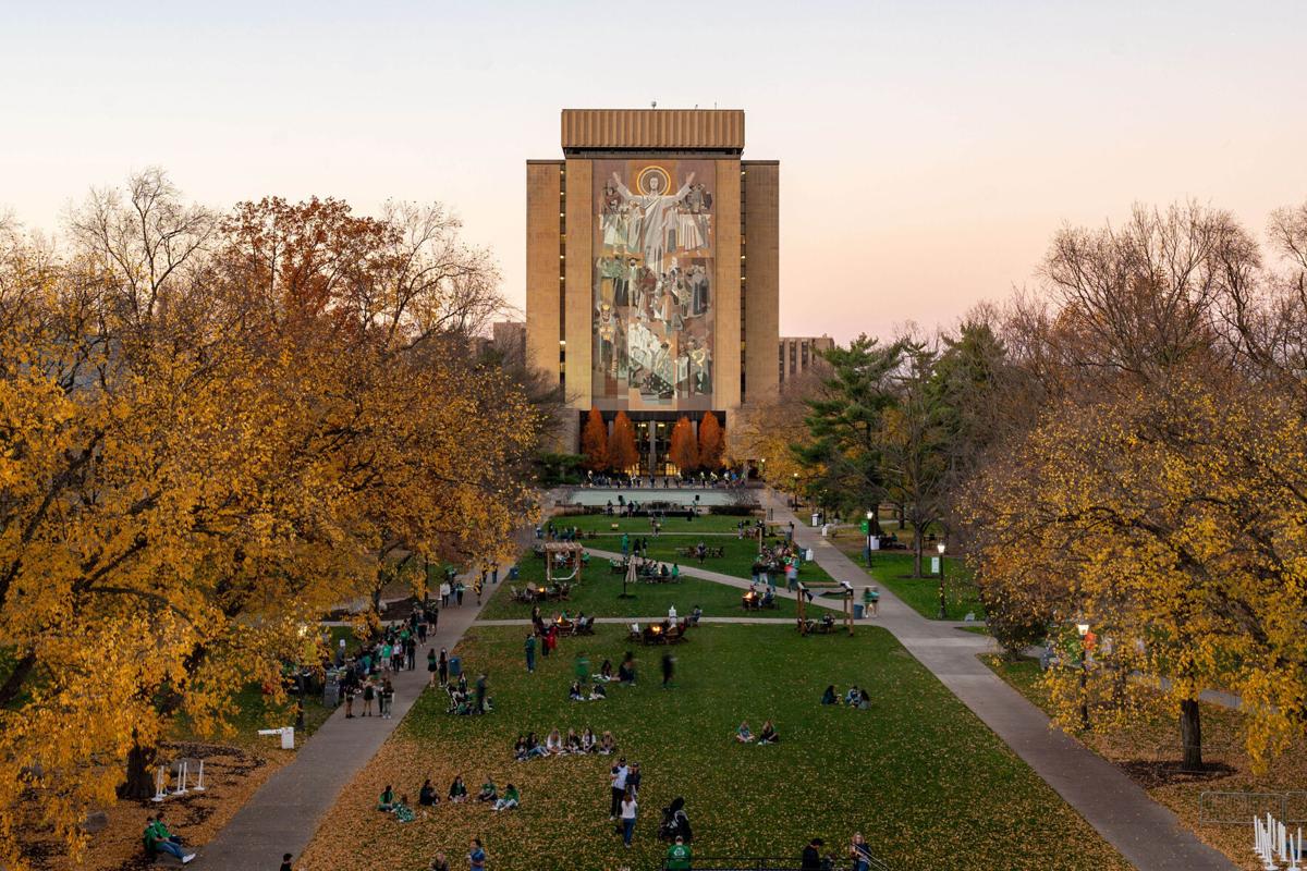 A general view of the Hesburgh Library and Word of Life mural, commonly known as Touchdown Jesus, before a game between the Notre Dame Fighting Irish and the Clemson Tigers at Notre Dame Stadium on November 7, 2020 in South Bend, Indiana.