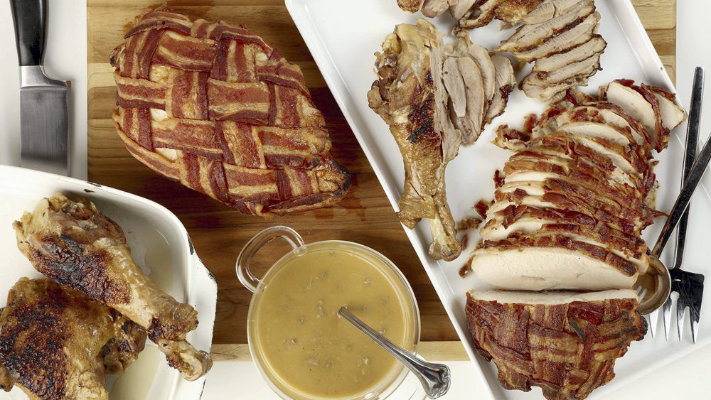 your best turkey ever we break down the bird schedule food the bacon covered breasts are roasted and the thighs and legs are braised for a turkey that forgoes the whole bird trophy reveal at the table but makes up