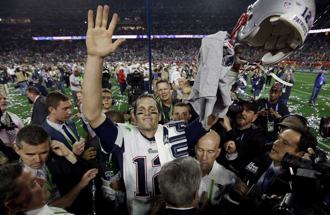New England Patriots quarterback Tom Brady (12) celebrates after the NFL Super Bowl XLIX.