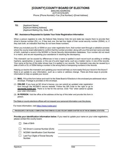 Sample unvalidated identification information letter