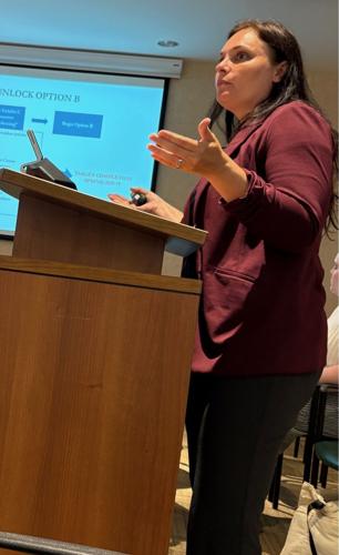 Burke County Opioid Settlement Coordinator Dr. Katie Samuels speaks at the inaugural meeting of the county's Opioid Advisory Board Tuesday afternoon.