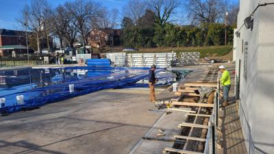 Contractors continue work on the pool dome in Valdese