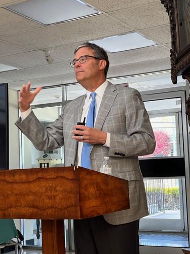 Rhett Mabry, president of the Duke Endowment, speaks to the audience during the Coffee at the Museum program Thursday at the History Museum of Burke County. The endowment is celebrating its 100th birthday in 2025.