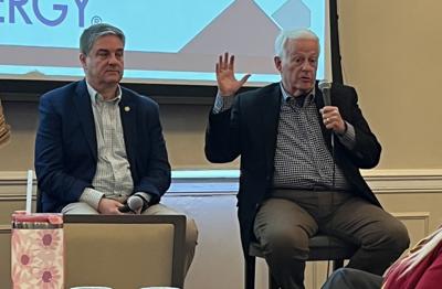 Sen. Warren Daniel, left, and Rep. Hugh Blackwell speak to the crowd at the Burke Chamber of Commerce's annual legislative breakfast Friday morning at the Morganton Community House. Both leaders shared their legislative priorities and answered questions...