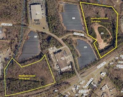 An aerial map showing both parcels DigiPower X owns in Hildebran