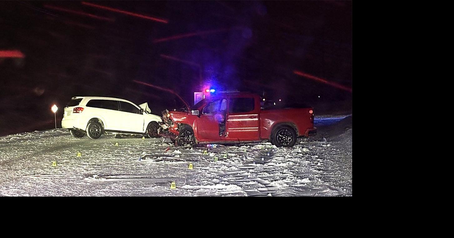 Five sent to hospital after head-on crash on snowy Woolwich road involving van and pickup truck.