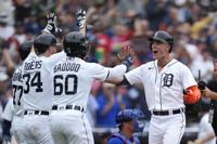 San Diego Padres catcher Gary Sanchez (99) celebrates with pitcher Ray Kerr  after the Padres defeated the San Francisco Giants in a baseball game in  San Francisco, Thursday, June 22, 2023. (AP