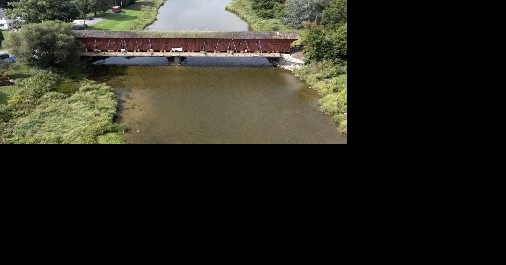 West Montrose covered bridge hoisted onto temporary structure