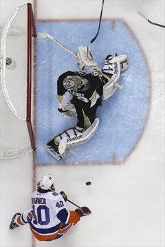 Pittsburgh Penguin goalie Marc-Andre Fleury blocks a shot in the