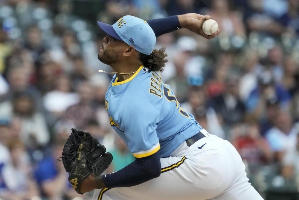 Milwaukee, United States. 04th Oct, 2023. Milwaukee Brewers starting  pitcher Freddy Peralta throws in the first inning against the Arizona  Diamondbacks in game two of an MLB National League Wild Card series