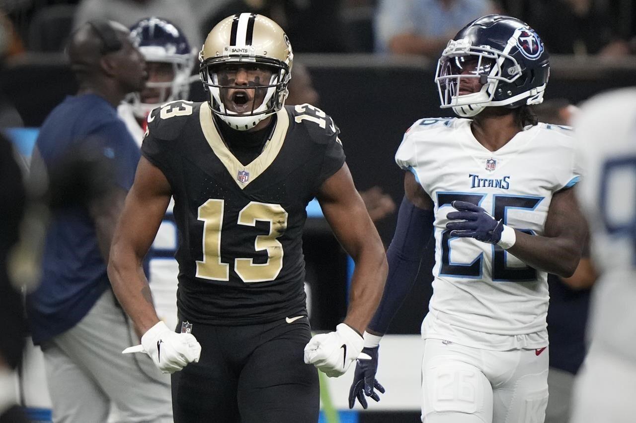 Saints WRs Olave, Thomas and Shaheed look to exploit a Panthers secondary  without CB Jaycee Horn