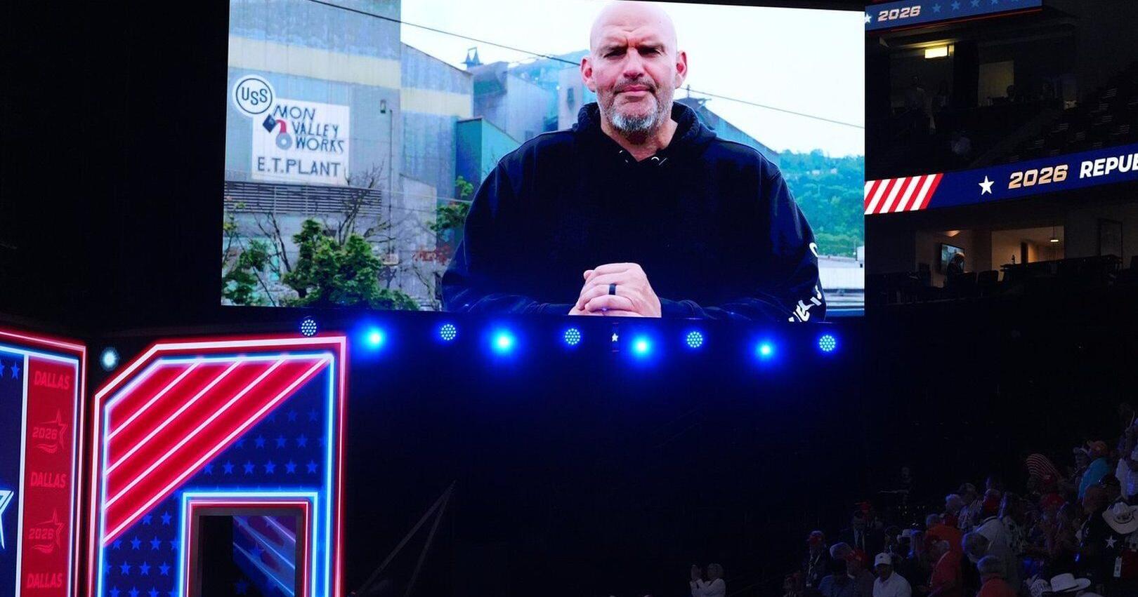 Democratic Sen . Fetterman speaks at a GOP midterm convention , fueling party - switch fears