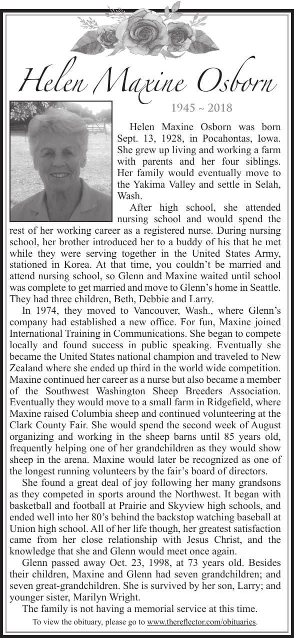 Helen Maxine Osborn Pdf Obituaries Thereflector Com