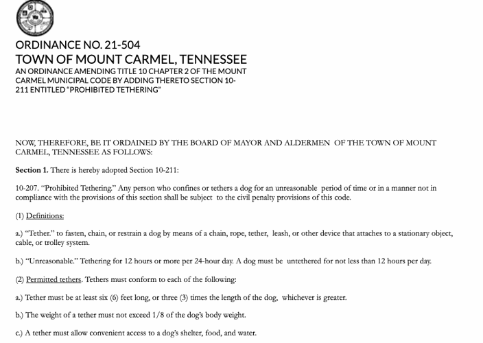 Mount Carmel BMA passes ordinance prohibiting dog tethering Rogersville