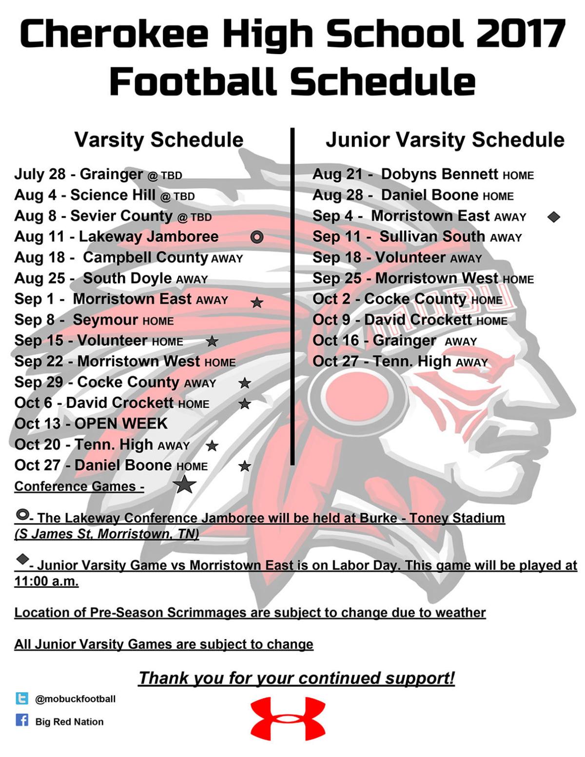2017 Cherokee High School Chiefs Schedule Sports