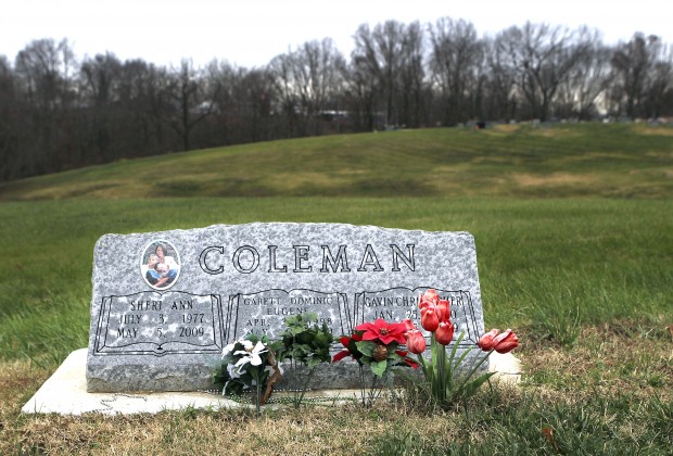 FILE - In this Nov. 28, 2011 file photo, the headstone of Sheri Coleman,  and her sons, Garett, and Gavin, are seen at Evergreen Cemetery in Chester,  Ill. On Tuesday, Oct. 16