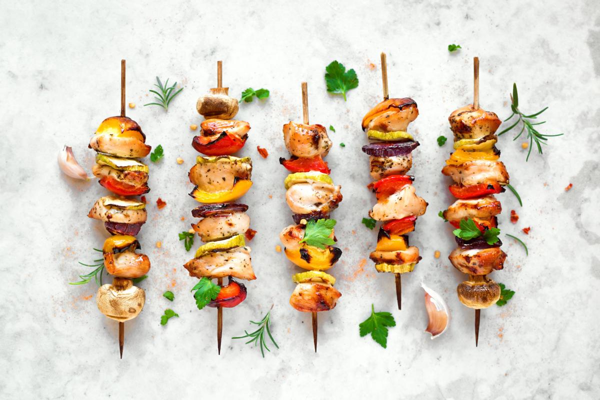 Grilled vegetable and chicken skewers