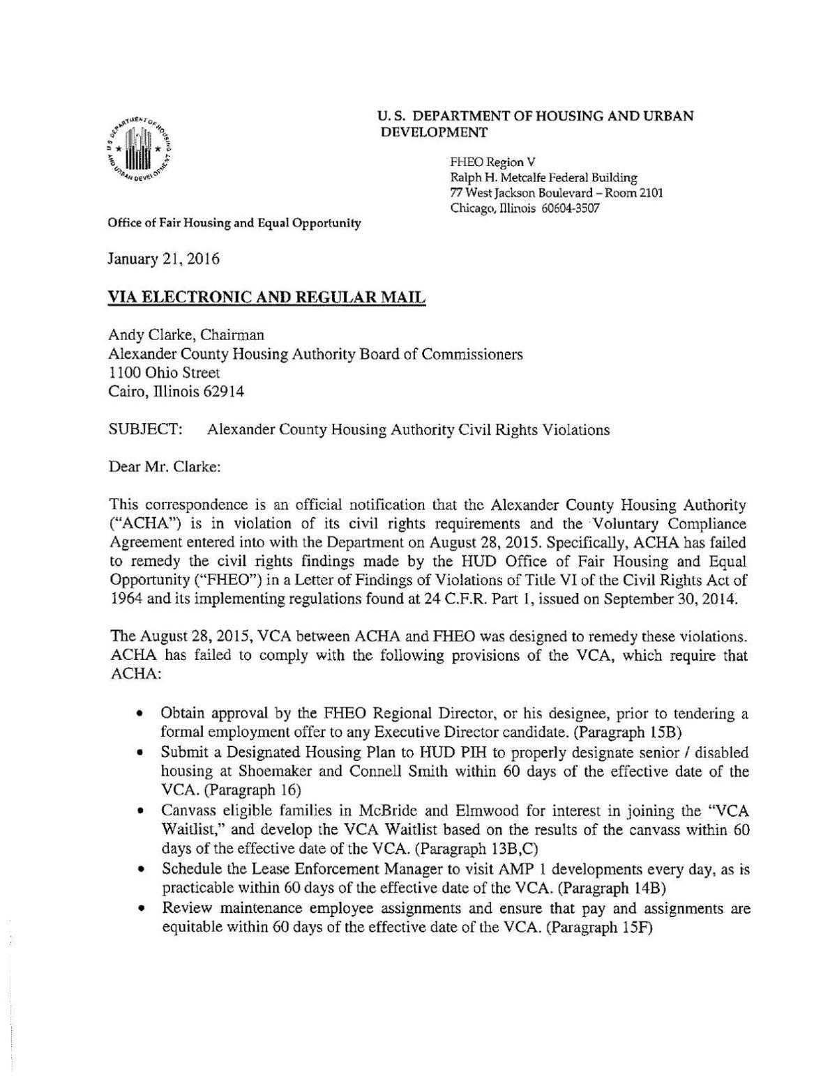 letter agreement violation County Authority Alexander of Housing in violation HUD: