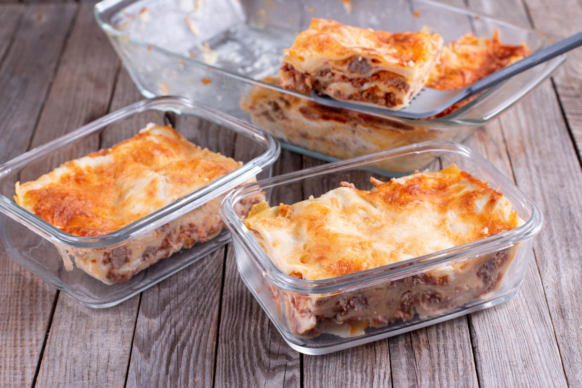 Semi-finished products. Lasagne or casserole in a container. Ready meals