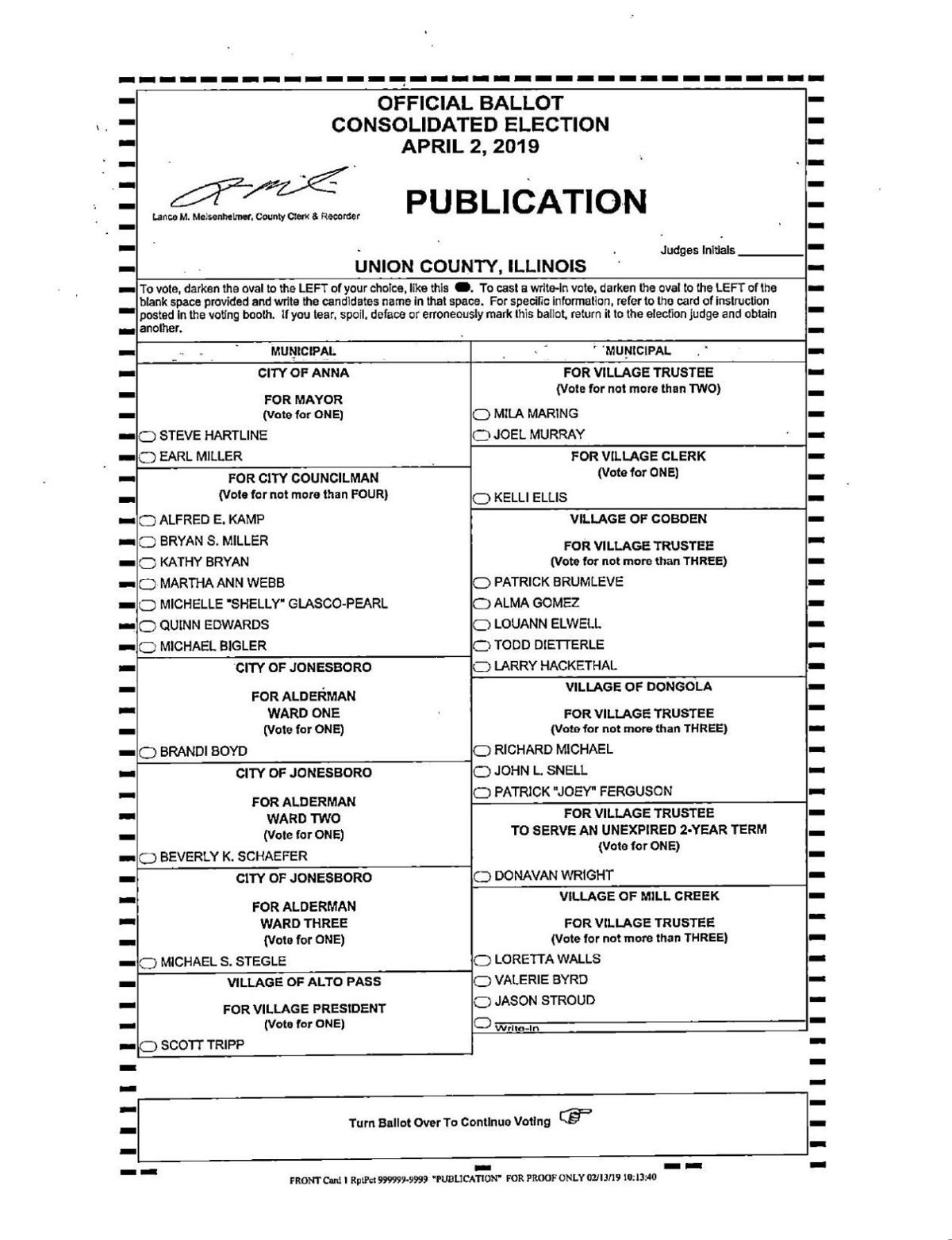 Union County publication ballot for 2019 consolidated election